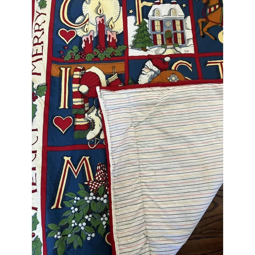 Vtg Quilted Baby blanket CHRISTMAS spell out Red Angels‎ Stockings Santa Striped